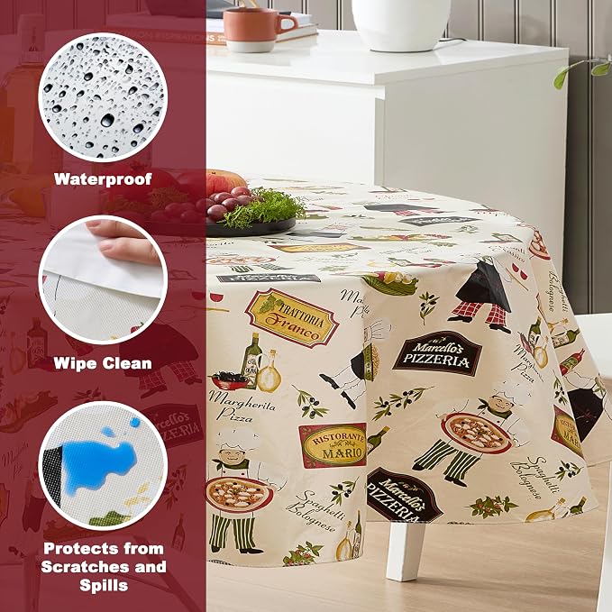Newbridge 60 x 84 Inch Oval Vinyl Tablecloth with Flannel Backing, Italian Bistro Chef, Novelty Chef Indoor Outdoor Waterproof Table Cover for Picnic, Barbecue, Patio and Kitchen Dining, Ivory
