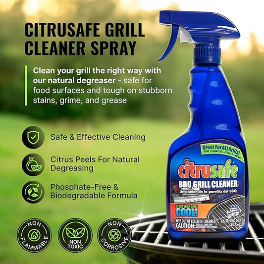 CitruSafe Grill Cleaning Kit - BBQ Grill Cleaner (16oz) and BBQ Grill Scrubber with 3 Heavy Duty Replaceable Scrubber Pads - Formulated to Safely Clean Burnt Food and Grease Off of Grill Surfaces