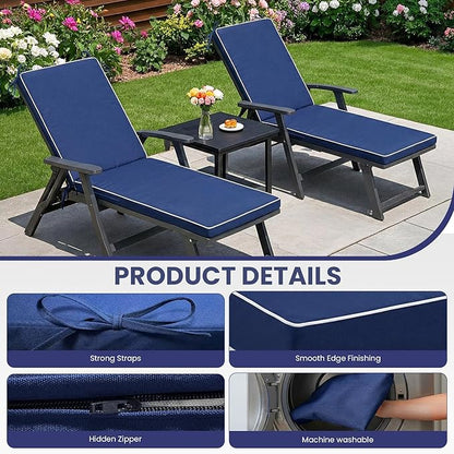 Chaise Lounge Cushions Outdoor, 80 x 26 Inch Water & Fade-Resistant Patio Furniture Lounge Cushion Set of 2, Beach Umbrella Lounger Chair Replacement Cushion with Removable Cover Pad, Navy Blue