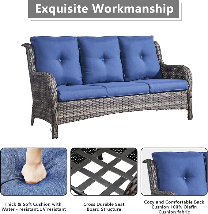 Rilyson Wicker Outdoor Patio Sofa with Ottoman, Large 3 Seater Wicker Patio Couch with 4in Replaceable Seat Cushions and Deep Seating, All Weather for Backyard, Garden, Poolside (Mixed Grey/Blue)