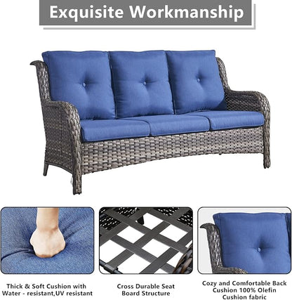 Rilyson Wicker Outdoor Patio Sofa with Ottoman, Large 3 Seater Wicker Patio Couch with 4in Replaceable Seat Cushions and Deep Seating, All Weather for Backyard, Garden, Poolside (Mixed Grey/Blue)