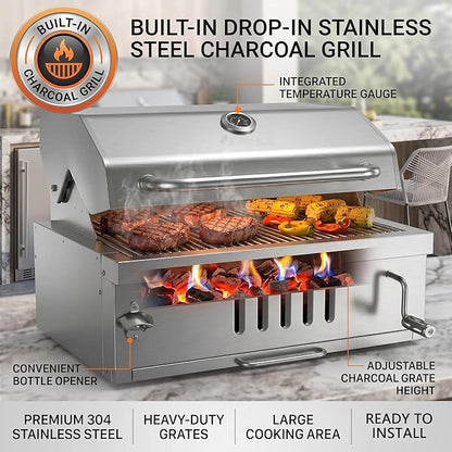 Built in Charcoal Grills for Outdoor Kitchen Island, Large Drop-in Barbecue Grill with Liftable Tray, Insulated Hood & Temp Gauge Heavy Duty Stainless Steel BBQ Grill for Family Parties Patio Cooking