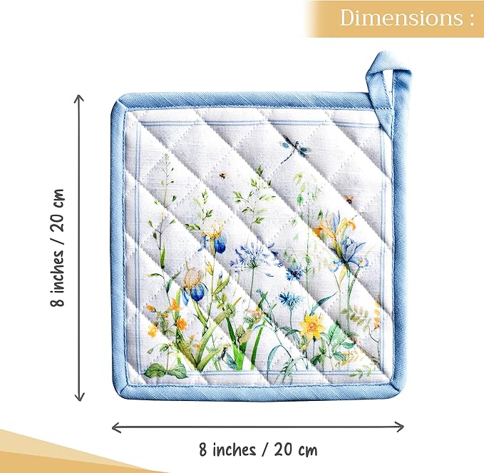 Maison d' Hermine Pot Holders 100% Cotton Heat Resistant Potholders 8" x 8" Hot Pads with Loop BBQ Cooking Baking Hotel Farmhouse Kitchen Handling Hot Pans Spring Summer (Pack of 2, Fleurs De Mai)