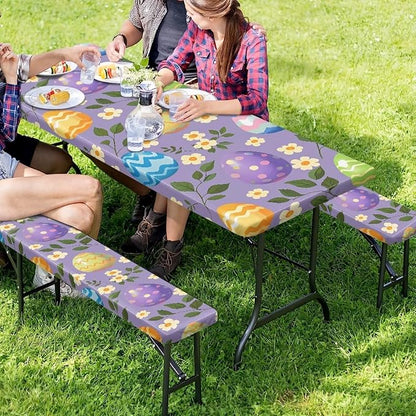 Easter Eggs Picnic Table Cover for Outdoor Camping Easter Eggs Elastic Fitted Table Cloth for Camping Party Supplies 3 PCS Set
