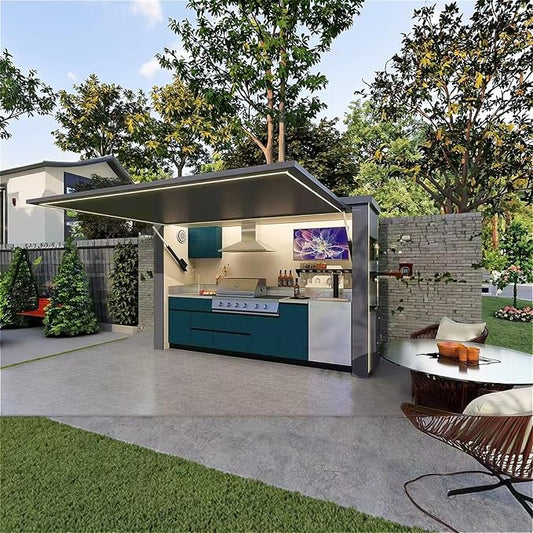 Stainless Steel Modular Outdoor Kitchen Units | Weatherproof Kitchen Island with 4-Burner, BBQ Grill, Fridge, Sink, Cooktop, Bar Counter & Canopy, Ideal for Outdoor Living