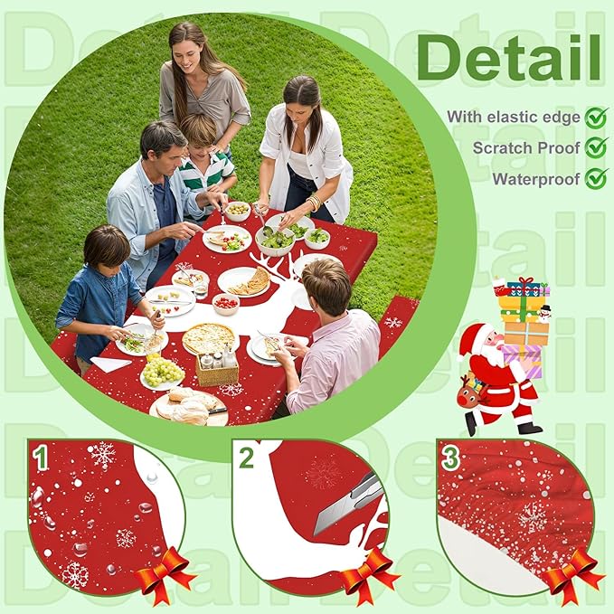 Christmas Picnic Pable Cover with Table Cover, Elastic Tablecloth for Outdoor Picnic Table, Red Reindeer and Snowflake Design, Tablecloth for Camping, Barbecue and Holiday Parties