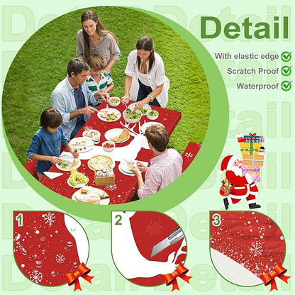 Christmas Picnic Pable Cover with Table Cover, Elastic Tablecloth for Outdoor Picnic Table, Red Reindeer and Snowflake Design, Tablecloth for Camping, Barbecue and Holiday Parties