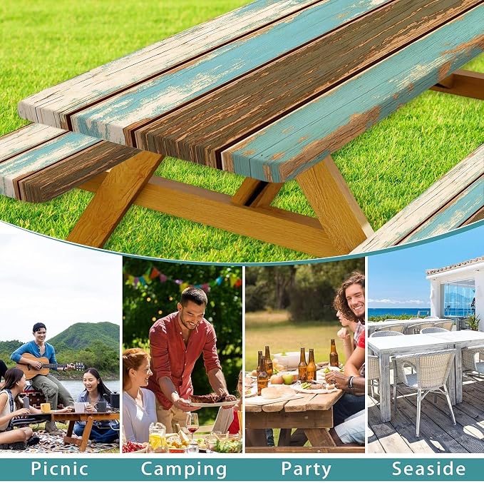 Picnic Table Cover with Bench Covers, Camping Essentials, Farmhouse Wood Green Waterproof Windproof Table Cover, Fitted Tablecloth Cover with Elastic Edge, for Indoor & Outdoor, 3 PCS, 30x72 Inch