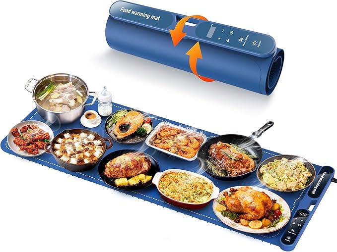 FZF Warming Mat for Food Extra Large, 40"x15" Food Warmers for Parties Buffet, with 7 Temp Level and 9 Timer Setting, Rollable Silicone Electric Warming Tray for Home, Gatherings (Blue)