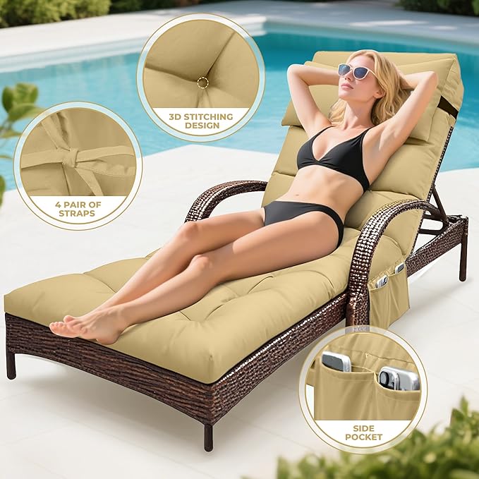 Outdoor Chaise Lounge Chair Cushion, Waterproof Outdoor Chair Cushions for Patio Furniture, 71 x 21 x 4 Inches Replacement Chaise Lounge Cushion with Ties (Khaki)