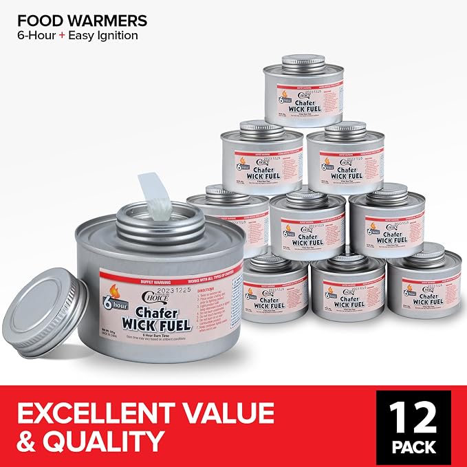 6-Hour Food Warmers for Parties (12 Pack), Chafing Fuel Cans with Wick and Safety Twist Cap, Catering Food Warmers for Buffets, Parties, Weddings, Long Lasting Burners for Food Warmer, Food Heater
