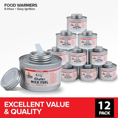 6-Hour Food Warmers for Parties (12 Pack), Chafing Fuel Cans with Wick and Safety Twist Cap, Catering Food Warmers for Buffets, Parties, Weddings, Long Lasting Burners for Food Warmer, Food Heater