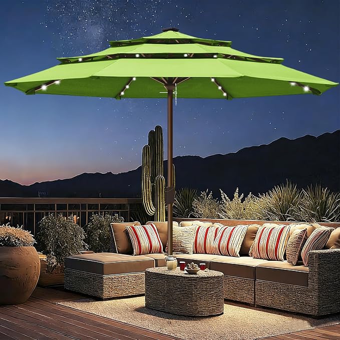 EliteShade USA 10-Year-Non-Fading 10ft 3-Tier Market Patio Umbrella, Commercial Table Umbrella with 80 Solar LED Lights, Crank Open, Windproof & UPF 50+ UV Protection for Garden, Deck, Pool, Backyard, No Tilt, Macaw Green
