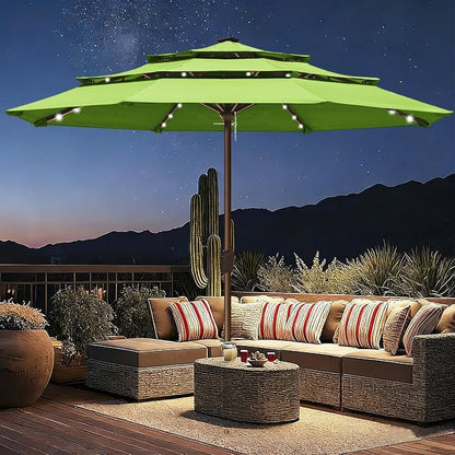 EliteShade USA 10-Year-Non-Fading 10ft 3-Tier Market Patio Umbrella, Commercial Table Umbrella with 80 Solar LED Lights, Crank Open, Windproof & UPF 50+ UV Protection for Garden, Deck, Pool, Backyard, No Tilt, Macaw Green
