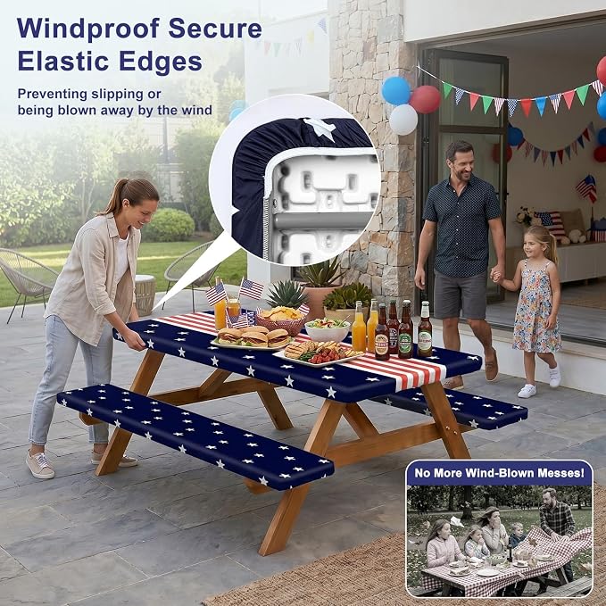 Picnic Table Cover with Bench Covers Windproof Waterproof Picnic Table Covers Camping Tablecloth with Self-Storage Bag, 72in, Navy Blue Runner