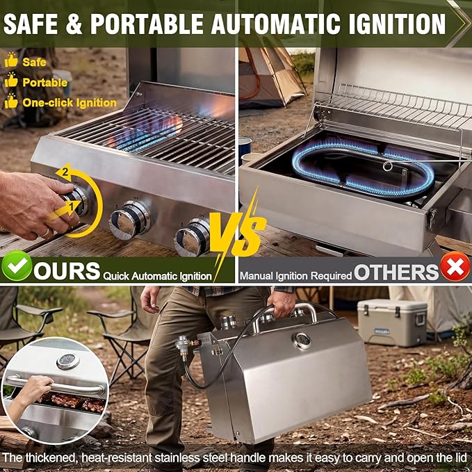 Bestfire 3-Burner Tabletop Gas Grill, Dual Connections, 30,000 BTU Portable Propane Grill, Stainless Steel Knobs/Grates, Compact & Detachable Legs for Camping, RV, BBQ