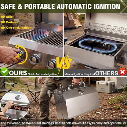 Bestfire 3-Burner Tabletop Gas Grill, Dual Connections, 30,000 BTU Portable Propane Grill, Stainless Steel Knobs/Grates, Compact & Detachable Legs for Camping, RV, BBQ