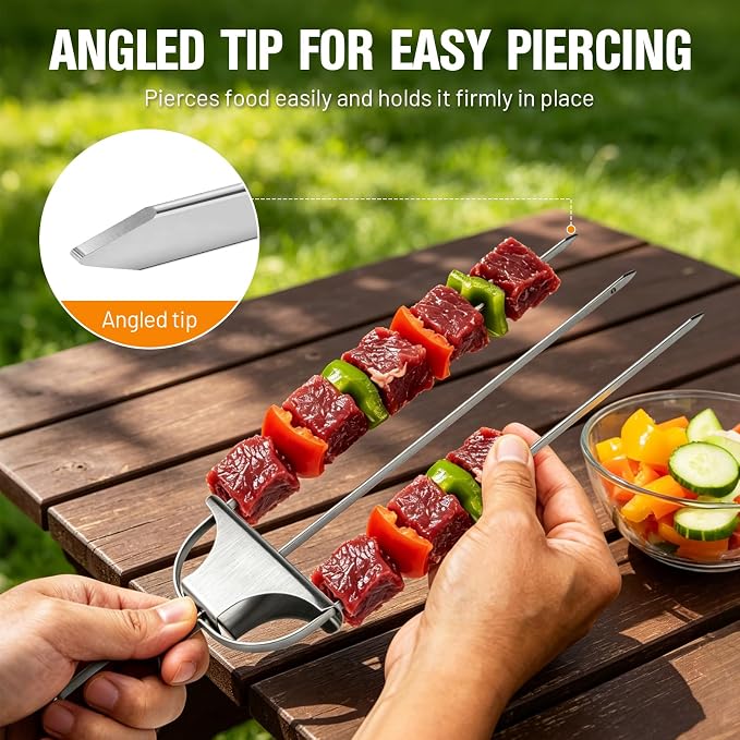 3 Prong Skewers for Grilling, Reusable Metal Kabob Skewers | 14.7" Stainless Steel BBQ Skewer with Push-Off Slider, Outdoor Grill Accessories, for Barbecuing, Grilling