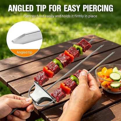 3 Prong Skewers for Grilling, Reusable Metal Kabob Skewers | 14.7" Stainless Steel BBQ Skewer with Push-Off Slider, Outdoor Grill Accessories, for Barbecuing, Grilling