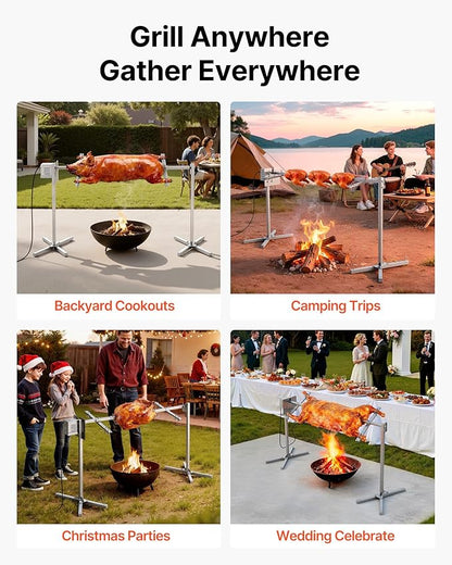 VEVOR Rotisserie Grill, 8 Level Height Stainless Steel Electric Rotisserie Grill Kit, 132 lbs Load Capacity BBQ Grills Rotisseries Kit with 38W Motor, Automatic Grilling Kits for Parties