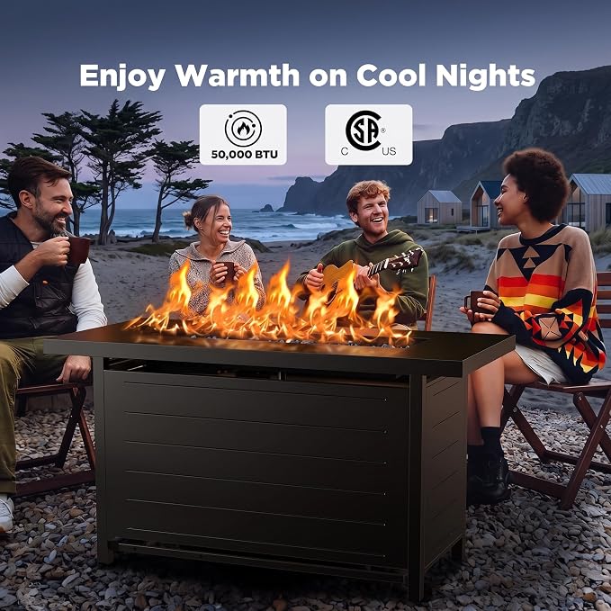 Ciays 43″ Gas Fire Pit with Glass Beads & Lid, Cup Holders, Hanging Shelf