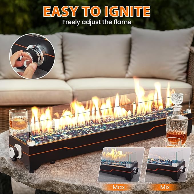 GRISUN Tabletop Fire Pit,36 Inch Propane Fire Pit Table,50000 BTU Table Top Firepit with Glass Wind Guard,Stainless Steel Burner,Fire Glass,Portable Propane fire Pit for Patio, Camping, Backyard & RV