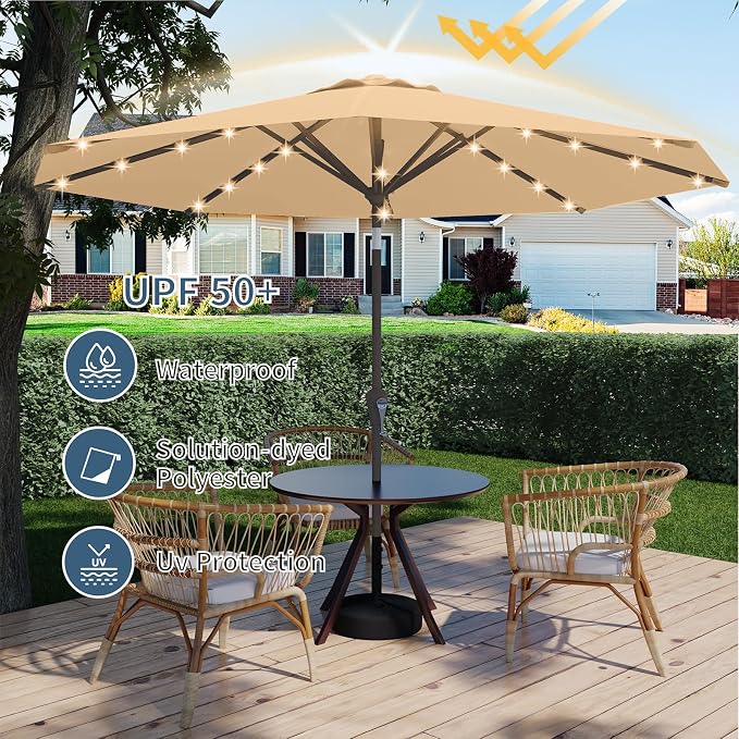 9FT Patio Umbrella with Solar Lights,Outdoor Market Umbrella with Tilt and Crank, LED Lighted Table Umbrella for Garden,Deck,Backyard,Pool,Beach (Khaki)