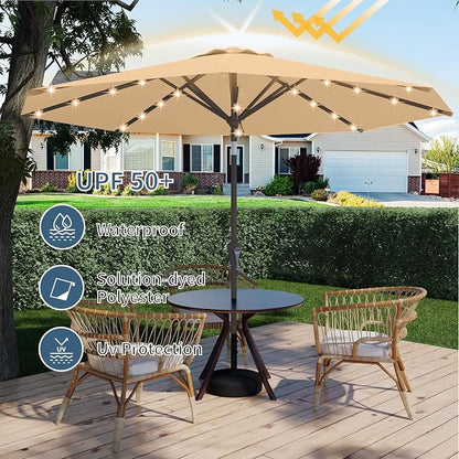9FT Patio Umbrella with Solar Lights,Outdoor Market Umbrella with Tilt and Crank, LED Lighted Table Umbrella for Garden,Deck,Backyard,Pool,Beach (Khaki)