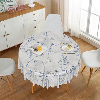 Blue Gray Floral Round Tablecloths 60x60 Inch Plants Birds Decoration Table Cloth for Seasonal Decors Watercolor Oil Proof Spill Proof Wipeable Table Cloths for Indoor Outdoor Use