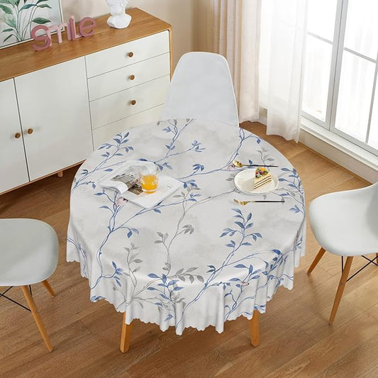 Blue Gray Floral Round Tablecloths 70x70 Inch Plants Birds Decoration Table Cloth for Seasonal Decors Watercolor Oil Proof Spill Proof Wipeable Table Cloths for Indoor Outdoor Use