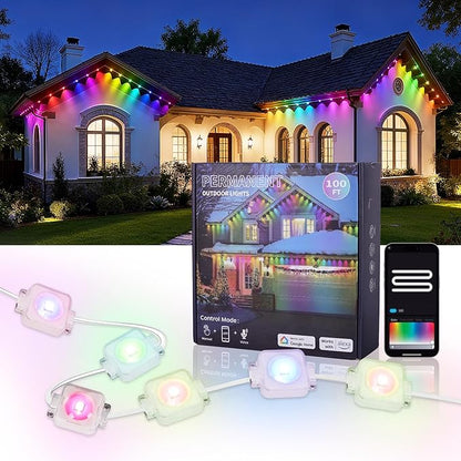 Permanent Outdoor Lights,100ft Smart Rainbow Eave Holiday Light IP67 Waterproof with 60 LED Lights for Christmas Halloween House Decorations, Compatible with Alexa, Google Assistant