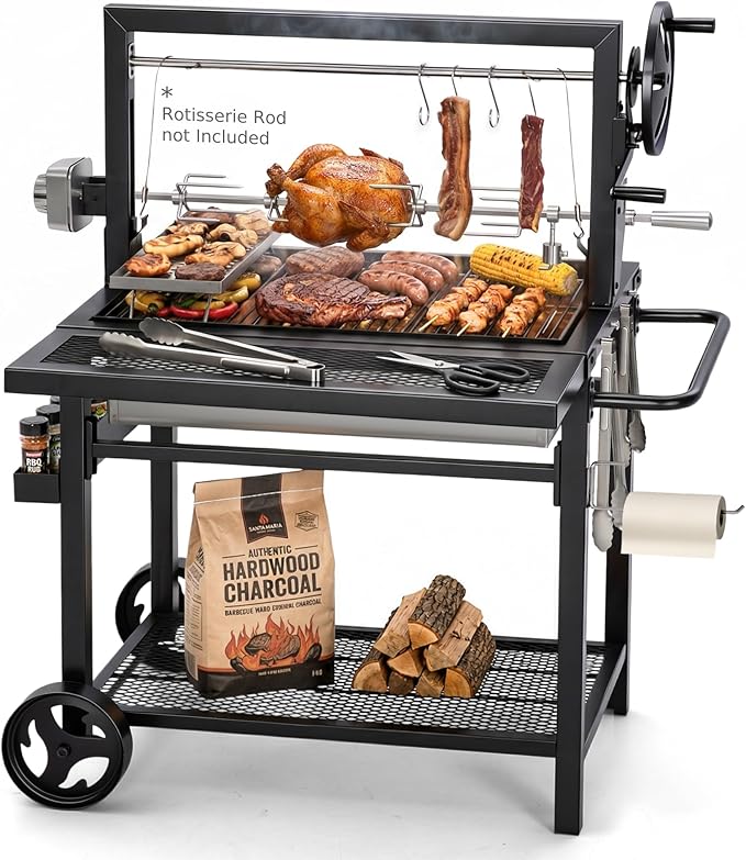 MFSTUDIO Santa Maria Grill, Charcoal & Wood BBQ Grill with Adjustable Height & Dual Porcelain-Enameled Charcoal Trays, Large Outdoor Open Fire Grill for Backyard, 666 SQ.IN. Cooking Area