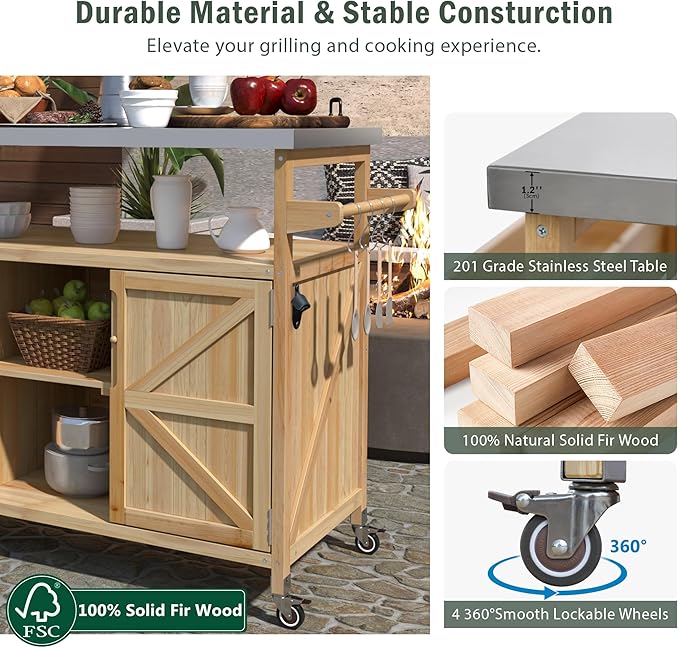 Outdoor Kitchen Rolling Bar Cart with Storage Cabinet, Farmhouse Solid Wood Outdoor Grill Table with Stainless Steel Top, Spice Rack and Towel Rack, Perfect for Barbecue Poolside Patio (Natural)