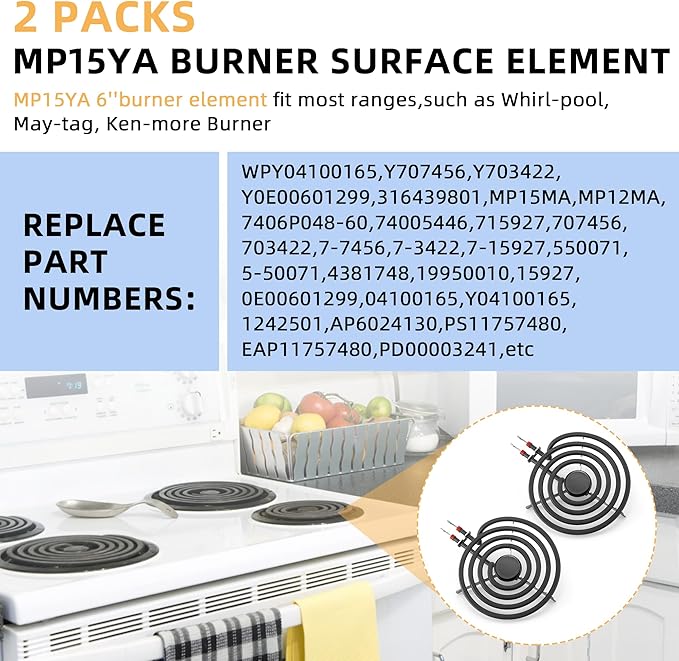 2 Pack MP15YA Electric Range Burner Element Unit 6" Replacement Fit for Hard-wick & Ken-more & May-tag & Nor-ge & Whirl-pool Electric Range Stove by AMI PARTS