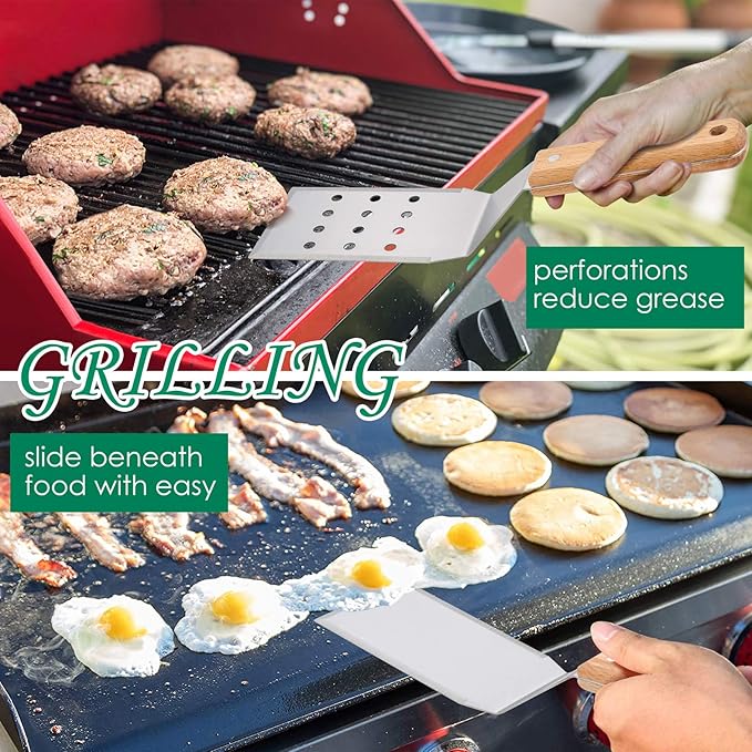 HaSteeL Metal Spatulas, 2 Pcs Stainless Steel Griddle Spatula Burger Turner, Heavy Duty Griddle Tools Set for Teppanyaki BBQ Flat Top Hibachi Cast Iron Grilling Cooking, Easy to Clean & 2 Hooks