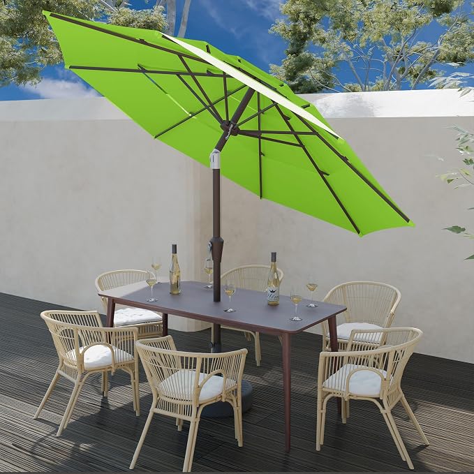 9FT 3 Tiers Patio Umbrella With Auto Tilt And Crank, Outdoor Table Market Umbrella with 8 Sturdy Ribs for Garden, Lawn, Deck, Backyard and Pool