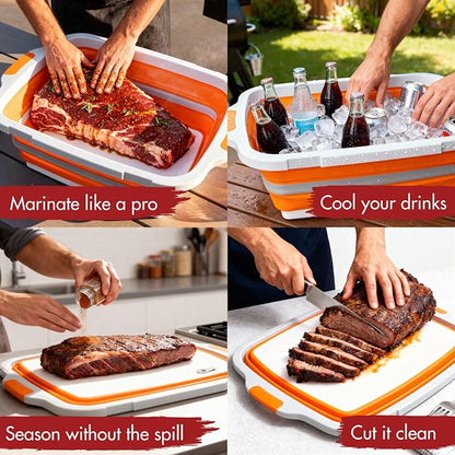 Collapsible XL Smoker & BBQ Prep Tub with Locking Lid | Includes Cutting Board, Meat Marinade & Brine Container For Turkey, Brisket & Ribs - Best Grill Accessories Gifts For Men