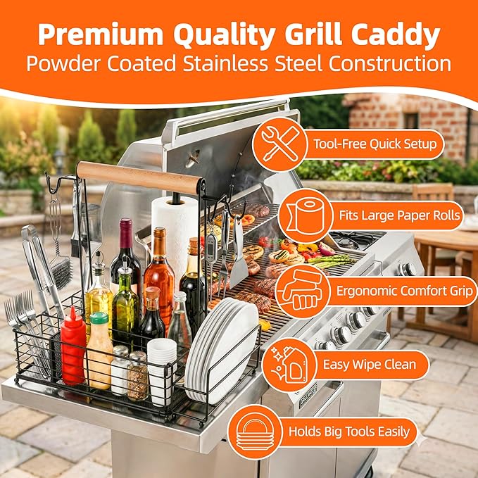 Grill Caddy with Paper Towel Holder, BBQ Caddy for Outdoor Grill, Camping Essentials Picnic Condiment Utensil Organizer, RV Camper Must-Have, Grilling Gifts for Men