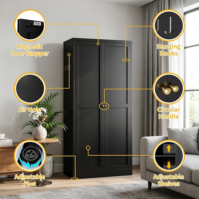 Metal Pantry Cabinet, 61" Kitchen Pantry Storage Cabinets with 2 Door and 4 Adjustable Shelves, Utility Metal Storage Cabinet for Home, Living Room, Pantry (Black)