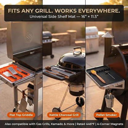 Magnetic Silicone Side Shelf Mat for Blackstone Griddle - 4 Corner Magnets, Extra Thick, Linear Drip Channels, 446°F Heat Resistant, 16"x11.5", Fits Weber Traeger Pit Boss, BBQ Gift for Men