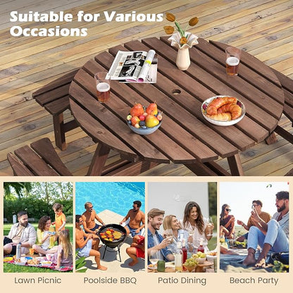 Giantex 8-Person Round Picnic Table Set with 4 Benches, 550 LBS Bench Capacity, 2" Umbrella Hole, Circular Outdoor Wood Dining Table & Chairs for Patio Yard Garden Porch Deck (71”x71”x28”,Brown)