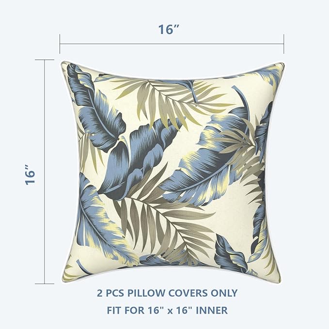 LVTXIII Outdoor Throw Pillow Covers 16x16 inch Waterproof Tropic Accent Pillow Cases Fluffy Outdoor Cushion Covers for Garden and Patio Furniture Decoration,2 Pack,‌Lush Palm Blue