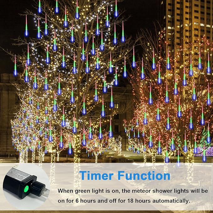 Aluan Outdoor Meteor Shower Rain Lights, 40cm/16inch 10 Tubes 360 LEDs Waterproof Falling Rain Hanging Lights with UL Plug for Christmas Holiday Party Home Garden Decor, Multicolor
