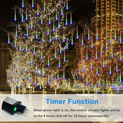 Aluan Outdoor Meteor Shower Rain Lights, 40cm/16inch 10 Tubes 360 LEDs Waterproof Falling Rain Hanging Lights with UL Plug for Christmas Holiday Party Home Garden Decor, Multicolor