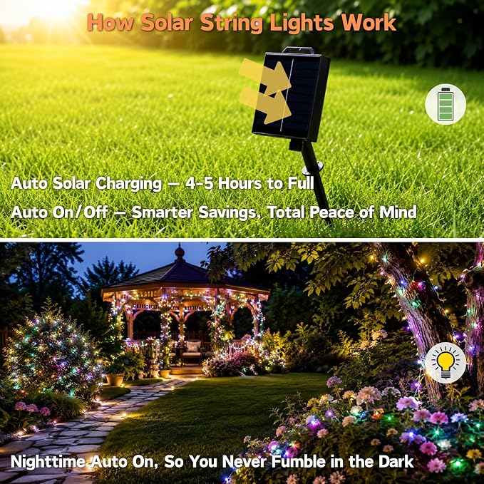 Solar Fairy Lights, 33FT 100 LED RGB APP Control | IP65 waterproof, remote control, multi-mode. String lights for garden, party, tree, backyard decoration.