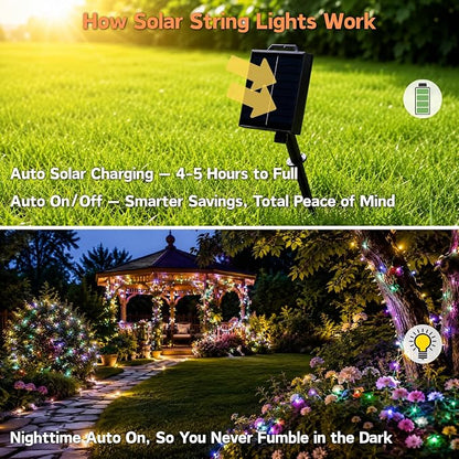 Solar Fairy Lights, 33FT 100 LED RGB APP Control | IP65 waterproof, remote control, multi-mode. String lights for garden, party, tree, backyard decoration.