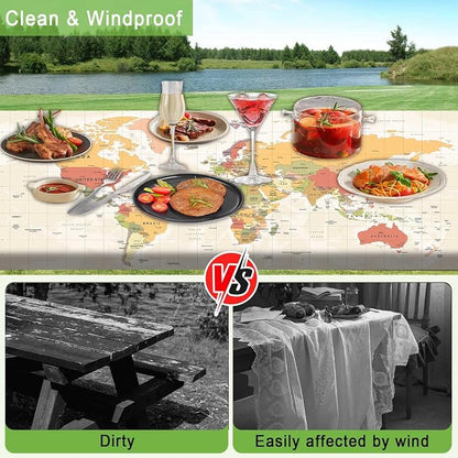 JAWO World Map Picnic Table Cover with Bench Covers, Camper RV Essentials Gear Supplies Outdoor Waterproof Windproof Tablecloth with Elastic, 30X96in