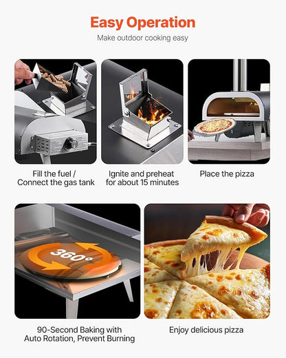 VEVOR Dual Fuel Outdoor Pizza Oven, 12" Auto-Rotating Propane & Wood Pellet Pizza Ovens, Multi-Fuel Pizza Maker with Electric Rotation System & Thermometer, for Outside Patio Camping & Backyard