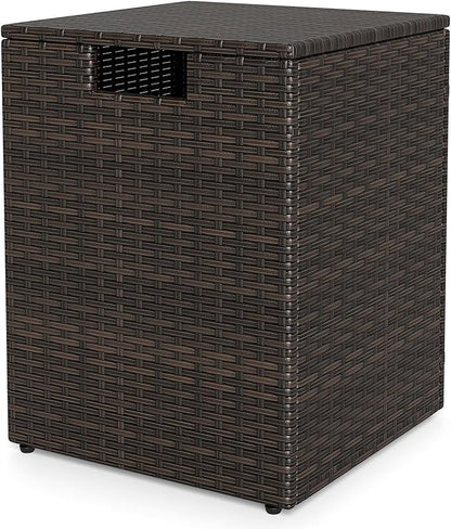 Tangkula Wicker Propane Tank Cover Table, 20 LB Gas Tank Holder Storage Box with Flip Lid & Adjustable Foot Pads, 16" Outdoor Rattan Hideaway Table for Gas Fire Pit, Grill, Griddle & Stove (Brown)