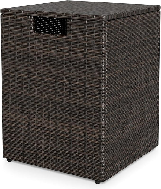 Tangkula Wicker Propane Tank Cover Table, 20 LB Gas Tank Holder Storage Box with Flip Lid & Adjustable Foot Pads, 16" Outdoor Rattan Hideaway Table for Gas Fire Pit, Grill, Griddle & Stove (Brown)